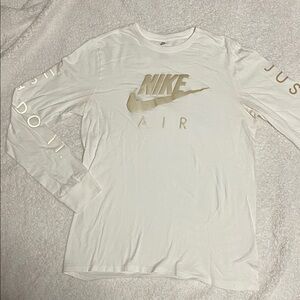 Mens Nike white long sleeve tee shirt metallic words Nike Air Just do it Sz L
